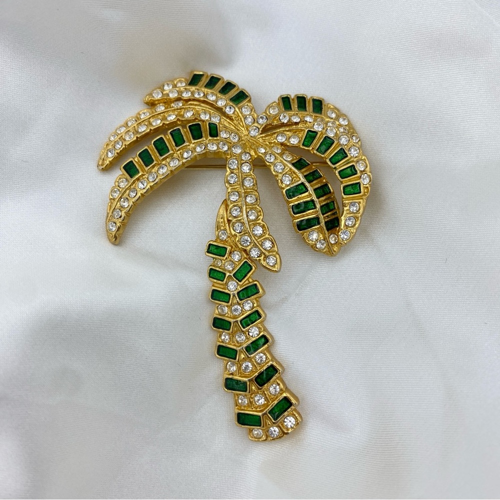 Large Vintage Palm Tree Rhinestone and Enamel Brooch Pin